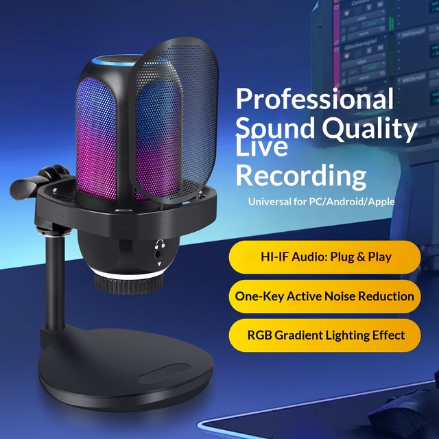 USB Aluminium Alloy Condenser Microphone RGB Lighting Cardioid Pattern 100Hz-20kHz PC Gaming AI Noise Cancellation Phone