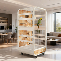 Cage à oiseaux de style villa pour grands perroquets, construction en fer et bois, usage domestique de luxe, design peu encombrant avec verre transparent anti-éclaboussures