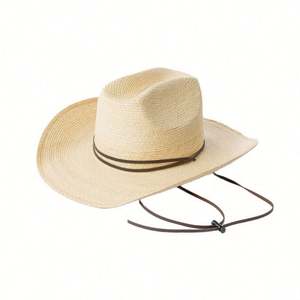 Chapeau de paille rétro tendance à grandes bords, motif feuille de palmier, style cowboy, pour voyage en extérieur et plage, avec cordon chinois - Product Image 5