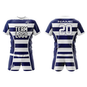 Kustom Jersey Rugby biru laut dan putih bergaris sublimasi Set MOQ rendah pengiriman cepat - Product Image 1