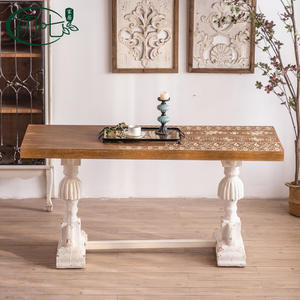 The Seventh Day American Style Carved <b>Solid</b> <b>Wood</b> Dining <b>Table</b> 6 Seats Retro Distressed Home Multipurpose - Product Image 3