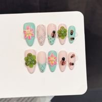 Kuku Akrilik Tempel yang Dapat Disesuaikan dengan Desain Bunga Abadi & Kumbang Warna Hijau Mint/Pink Bentuk Almond Sedang 10 Pcs/Grosir