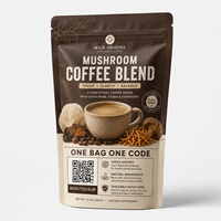 Sachet personnalisé avec code unique pour mélange de café aux champignons, pochette refermable avec code QR, emballage fonctionnel pour boissons