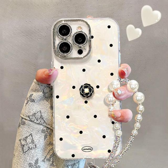 New Black Polka Dot 3D Camellia Shell Texture Phone Case for iphone 17 16 15 Pro Max Luxury Diamond Pearl Bracelet Lanyard Cover