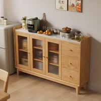 Buffet de luxe rétro moderne avec portes vitrées, placage frêne et bois d'hévéa massif, meuble de rangement pour vin et café, pour salle à manger et cuisine