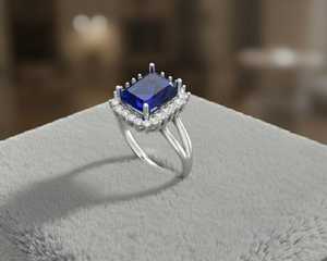 แหวนทองคำขาว 14KT ประดับพลอยสังเคราะห์ทรงเหลี่ยมมรกตและเพชรแล็บ - Product Image 2