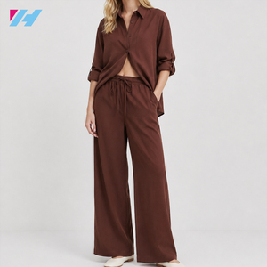 Ensemble chemise et <span class=keywords><strong>pantalon</strong></span> en <span class=keywords><strong>lin</strong></span> personnalisé pour <span class=keywords><strong>femme</strong></span>, haut à manches longues boutonné, <span class=keywords><strong>pantalon</strong></span> large à cordon de serrage - Product Image 1