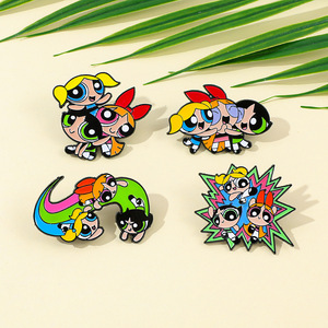 Creativo carino cartone animato Powerpuff ragazze personalizzato in metallo oro distintivo in lega di disegno inciso per perfetto zaino quotidiano - Product Image 3