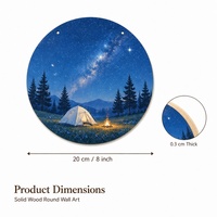 Tableau rond en bois de 8 pouces, scène de camping étoilée, art mural en bois massif, décoration intérieure ciel nocturne
