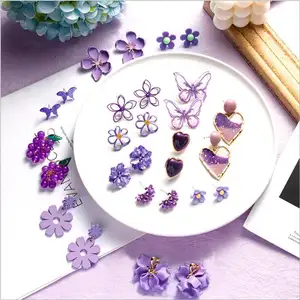 2021 summer Korean New Fashion Purple Flower fruit Geometric Heart Stud Earrings For Women Students Holiday Pendientes Jewelry