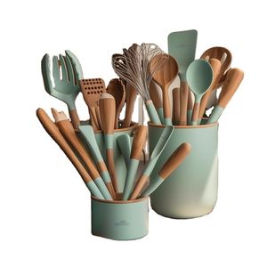 Wholesale Portable Multifunction <b>Silicone</b> Kitchen Utensils Set With Wooden Handle - Product Image 1
