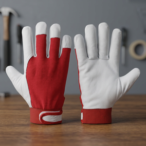 JNA Group White Red PU Leather Safety <b>Gloves</b> Anti-Slip Fingertips Elastic Wristband General Purpose 11 oz <b>Silicone</b>-free - Product Image 5