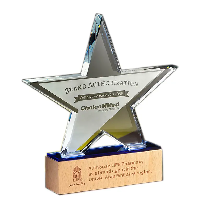 2024 Popular Crystal Star Trophy Glass Trophy Award With Wood Base Custom