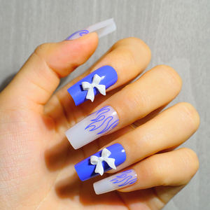Vente en gros de faux ongles de luxe 3d faits à la main, fourniture de faux ongles longs et carrés avec nœuds, couleur bleu <span class=keywords><strong>royal</strong></span>, design flammé, pointes d'ongles - Product Image 3