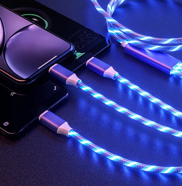 Cable Usb de carga rápida 3 en 1, luz Led de flujo, 30 unidades