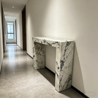 Table console moderne en marbre brillant, veinures noires et blanches naturelles, en travertin en forme de U, pour salon d'appartement