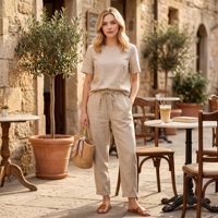 Ensemble d'été en polyester pour femmes, t-shirt à manches courtes à col rond surdimensionné et pantalon large, ensemble décontracté rétro pour femmes, 2 pièces