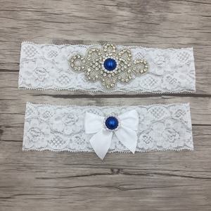 <span class=keywords><strong>Ensemble</strong></span> de jarretière en dentelle blanche de mariée perle bleue 2 pièces jarretelles de mariage ceinture pour les mariées - Product Image 3