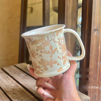 Mug Keramik Motif Bunga Vintage, Cangkir Kopi Susu Sarapan dengan Tepi Melebar