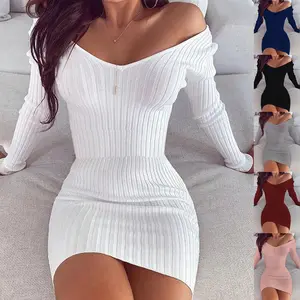 New Fashion Women Girls Sexy Dress Clothes Knit Elegant Knitwear V-neck Solid Color Long Sleeve Spring Autumn Casual Club Dress
