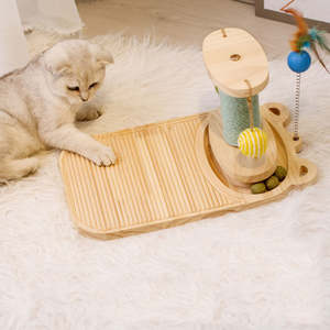 Griffoir pour chat en bois et sisal, écologique, nouveau design, interactif, avec plateau lounge et tour de jeu, couleur naturelle - Product Image 1