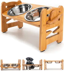 Dog Bowls Adjustable stand, Non Slip Stand Feeder for Small Medium Dogs All Cats Durable Bamboo Raised Cat Bowl