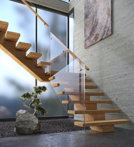 מותאם אישית עץ סולמות מונו סטרינגר מדרגות זכוכית מעקה מדרגות משמש וילה בית - Product Image 6