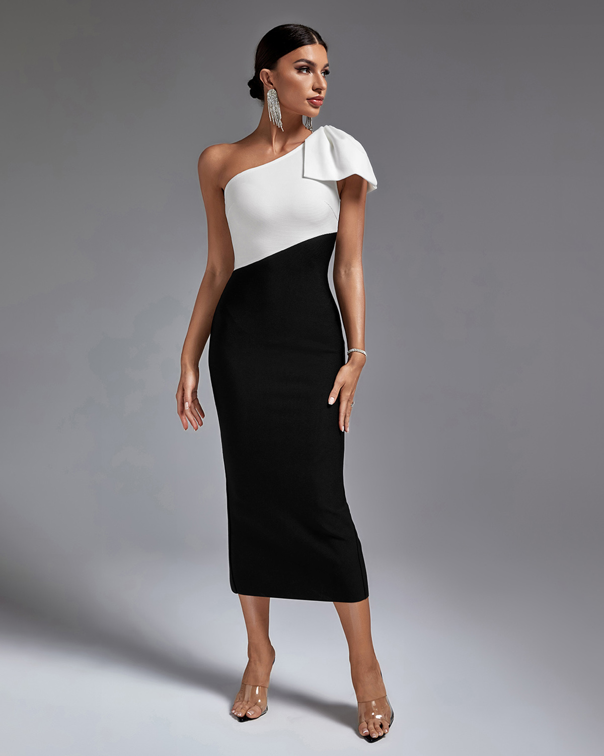 blue dress for baby girl Black Wavy Trim Fishtail Bandage Midi Dress – Rare London main image 0