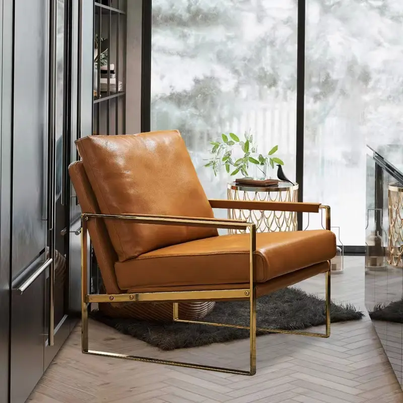 Hotel Cafe Coffee Furniture PU Leather Gold Metal Leisure Single Sofa Chair