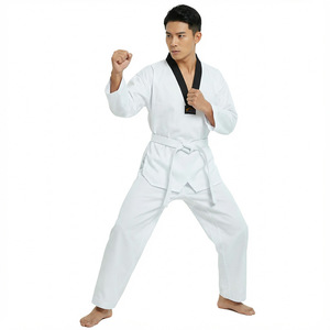 Taekwondo Uniform Set White With Black Collar Durable Unisex For Adults And Children Includes Belt Solid Color V Neck - Product Image 4