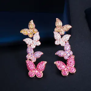 Schöne mikro gepflasterte Zirkonia baumeln lila rot bunte volle Schmetterling lange Tropfen Ohrringe für Frauen zierlichen Schmuck