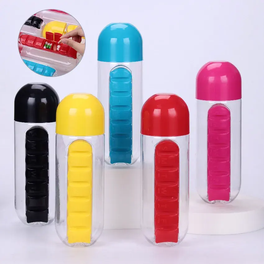 600ml Sports Plastic Water Bottle Combine Daily Pill Boxes Cápsula Water Cup Medicine Organizer Garrafas Bebendo