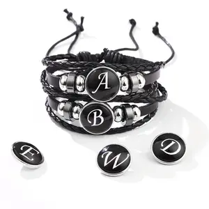 New Arrived DIY 26 English Letters Bracelet with Genuine Leather Woven Black Gallstone Bracelets