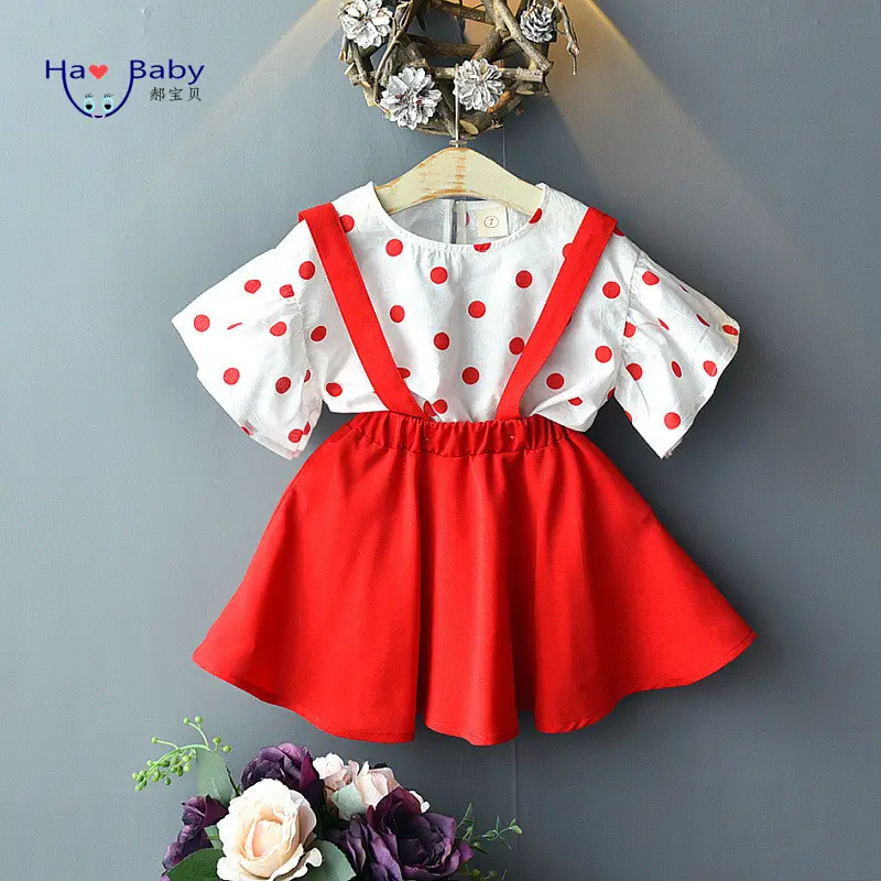 Hao Baby Fashionable Clothing Kids Clothes Wholesale Children Wears Baby Flared Sleeve Dot Suspender Skirt Two Suits