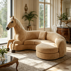 Canapé lounge incurvé en forme de cheval, revêtement en peluche beige, structure en fibre de verre pour villa de luxe - Product Image 4