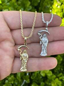 Collar con Colgante de la Santa Muerte, Estilo Hip Hop, para Hombre y Mujer, Chapado en Oro de 14k, Acabado <span class=keywords><strong>Azrael</strong></span>, Joyería de Moda - Product Image 4