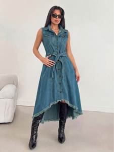 Robe Longue d'Été Décontractée Euro-Américaine <span class=keywords><strong>en</strong></span> <span class=keywords><strong>Jean</strong></span> Droit <span class=keywords><strong>Taille</strong></span> <span class=keywords><strong>Haute</strong></span> Sans Manches Tendance à Bord Brut Irrégulier Couleur Unie - Product Image 3