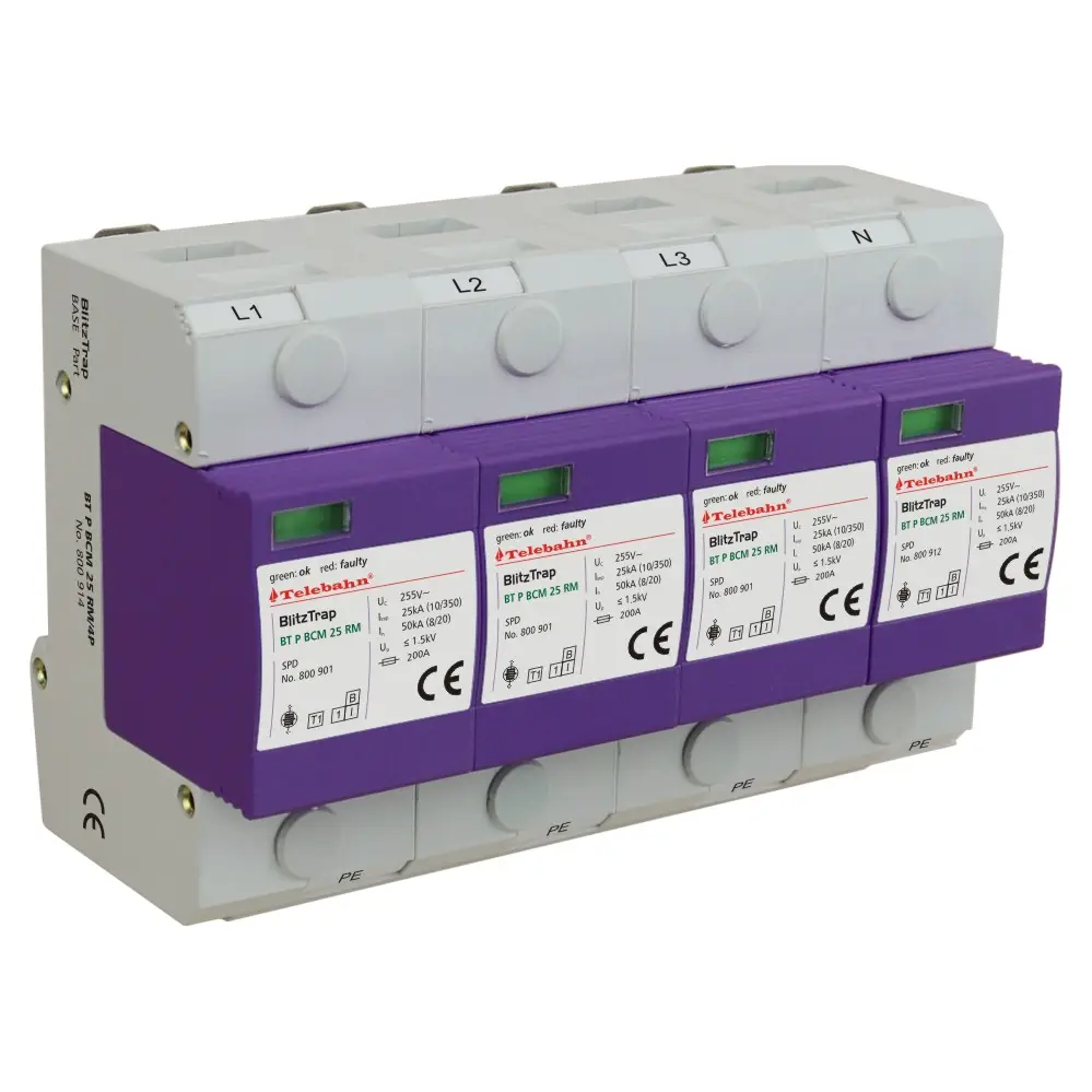 Spd Uc 255V Ac 4P Tov T1 + T2 Iimp25ka/In50ka/Imax75ka Voor 3-fase Tt Of TN-S ( 4 + 0 Circuit) Systeem Overspanningsbeveiliging