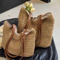 Sac de plage décontracté en coton tissé ajouré à fermeture éclair, petit format, style décontracté, pour femme, idéal pour les vacances à la mer