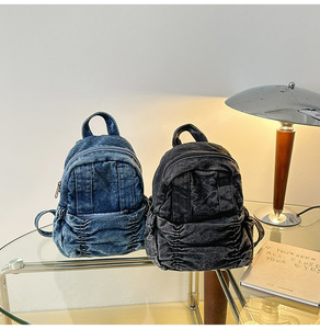 Venta caliente estilo universitario elegante viaje mochila ocio duradero plicado lavado envejecido Denim Mini mochila diaria - Product Image 2