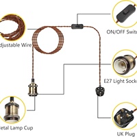 Cordon d'alimentation torsadé E27 standard britannique de 4,5 mètres pour lampe de table, cordon en corde de chanvre, prise suspendue, support/prise en aluminium 110-250V