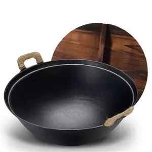 Double Handle Cast Iron Wok, Traditional Chinese Wok Pan, Stir-Fry Pans Ancient Method Chinese Traditional Wok