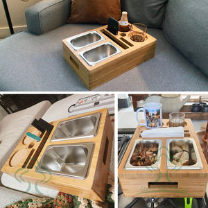 Wooden Couch Cup Holder Tray Bamboo Drink Snack <strong>Caddy</strong> With Remote Control and Phone Holder - Product Image 5