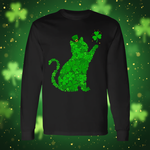 T-Shirt a Maniche Lunghe con Grafica Gatto e Trifoglio per San Patrizio, Unisex per Adulti, Stampa Digitale Promozionale - Product Image 2