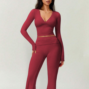 Top a Maniche Lunghe Elegante da Donna per Yoga, Nuova Moda Transfrontaliera, Pantaloni Fitness a Vita Elastica Tinta Unita, Asciugatura Rapida per Pilates - Product Image 4