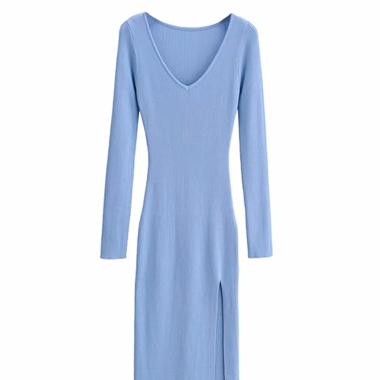 Temperament Slim Knee-length Sexy Side Slit Knitted Long-sleeved V-neck Clothing One Piece Women's Dress