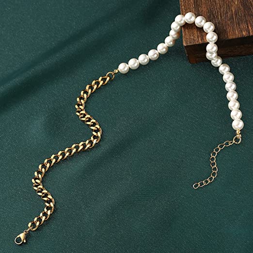 Vintage Mens Half Pearl Half Chain Necklace Bracelet Vintage Mens Half Pearl Half Chain Necklace Bracelet