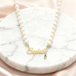 สร้อยคอชื่อไข่มุกส่วนตัว สแตนเลสสตีล จี้ตัวอักษรแบบกำหนดเอง <span class=keywords><strong>พ</strong></span>ร้อมคริสตัลสีน้ำเงินห้อยระย้า สร้อยคอสง่างามสำหรับ<span class=keywords><strong>ผู้หญิง</strong></span> - Product Image 3