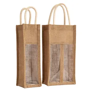 Bolsas de regalo de yute para vino, paquete de 2 bolsas de arpillera para botellas de vino con ventana de PVC, bolsa de compras de cerveza de arpillera