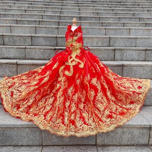 ชุดกี่เพ้าลายมังกรแดงและลวดลายมงคลพร้อมชายกระโปรงยาว ชุดเดรสสัตว์เลี้ยงน่ารักลายหมีน้อยแบบออริจินัลสำหรับแมวและสุนัข - Product Image 1